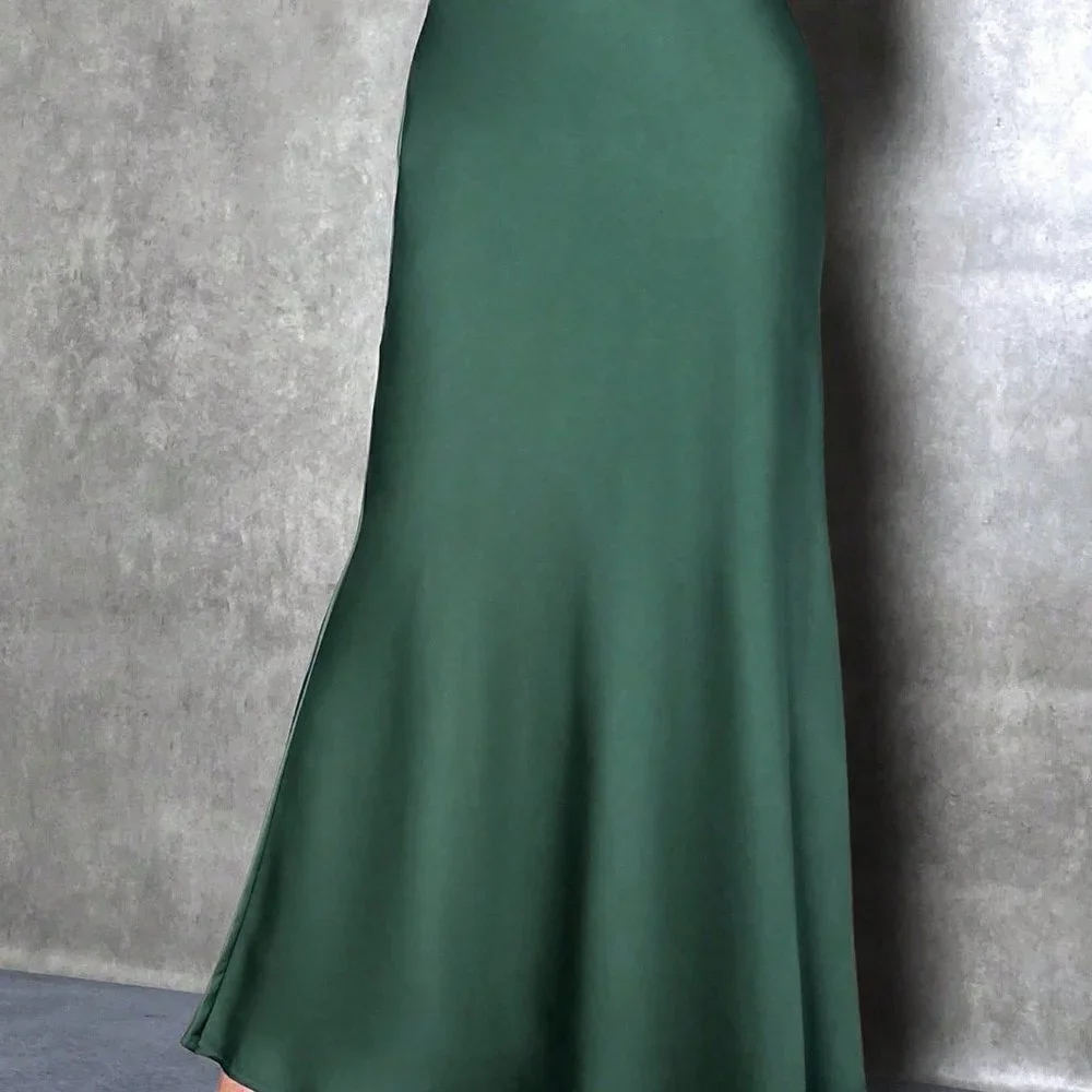Army Green Casual Womens Solid Maxi Satin Skirt